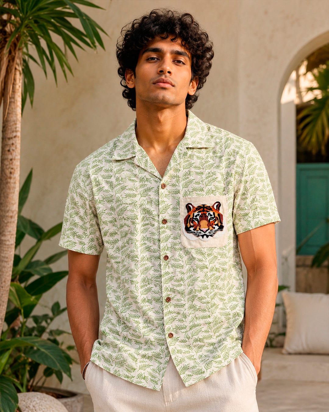 Bengal Tiger Embroidered Half Shirt