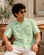 Houndstooth Printed Beagle Embroidered Half Shirt