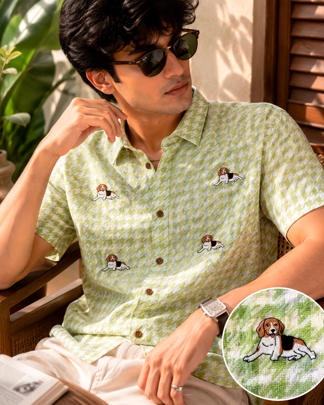 Houndstooth Printed Beagle Embroidered Half Shirt