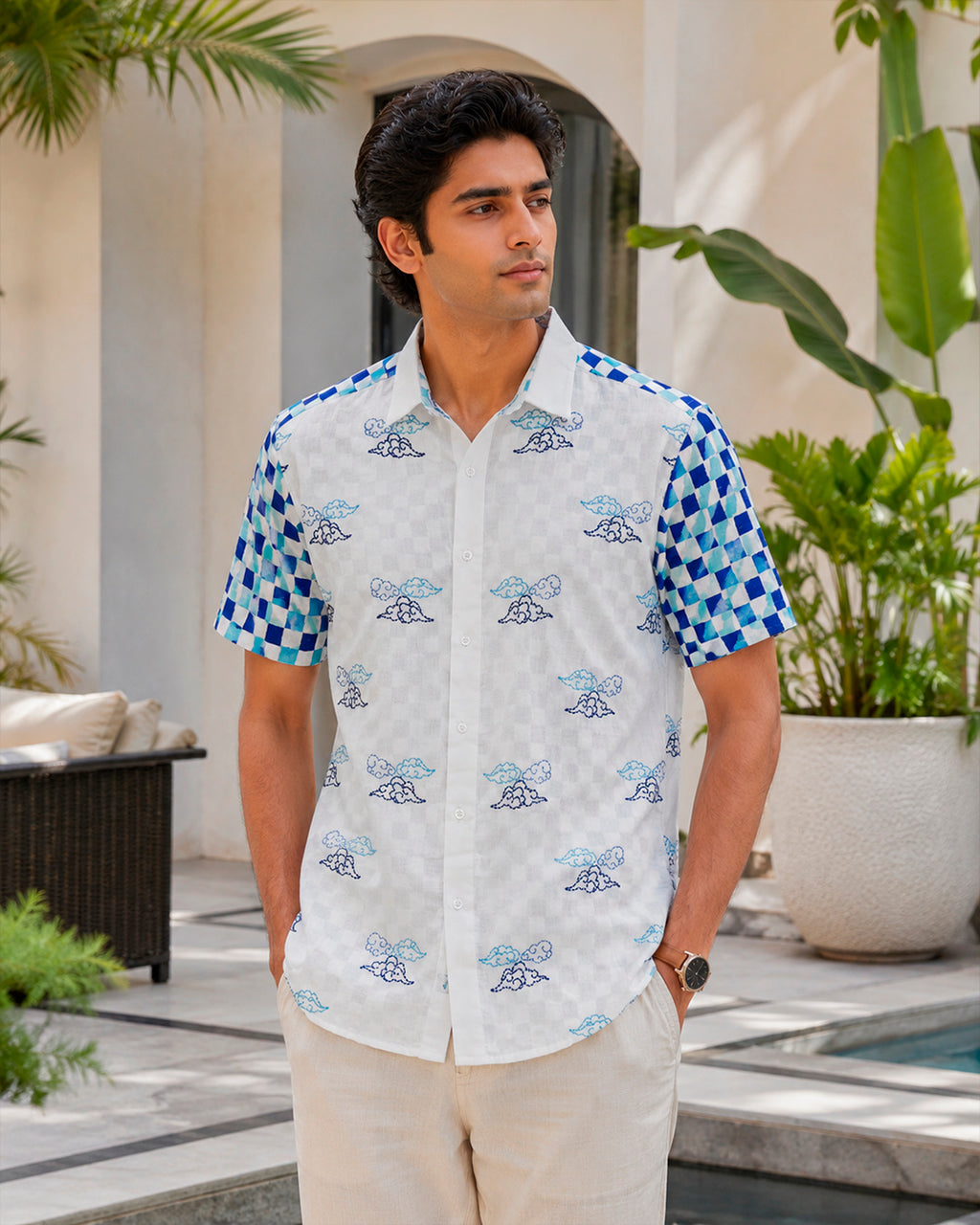 Blue Check Printed Chinese Cloud Embroidered Half Shirt