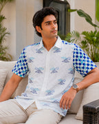 Blue Check Printed Chinese Cloud Embroidered Half Shirt