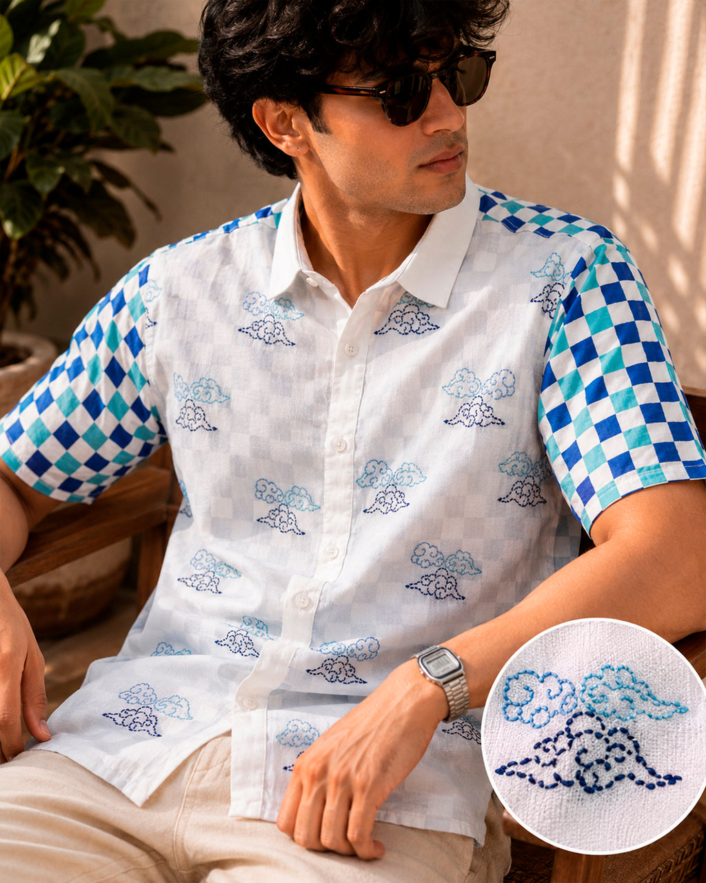 Blue Check Printed Chinese Cloud Embroidered Half Shirt