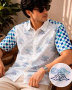 Blue Check Printed Chinese Cloud Embroidered Half Shirt