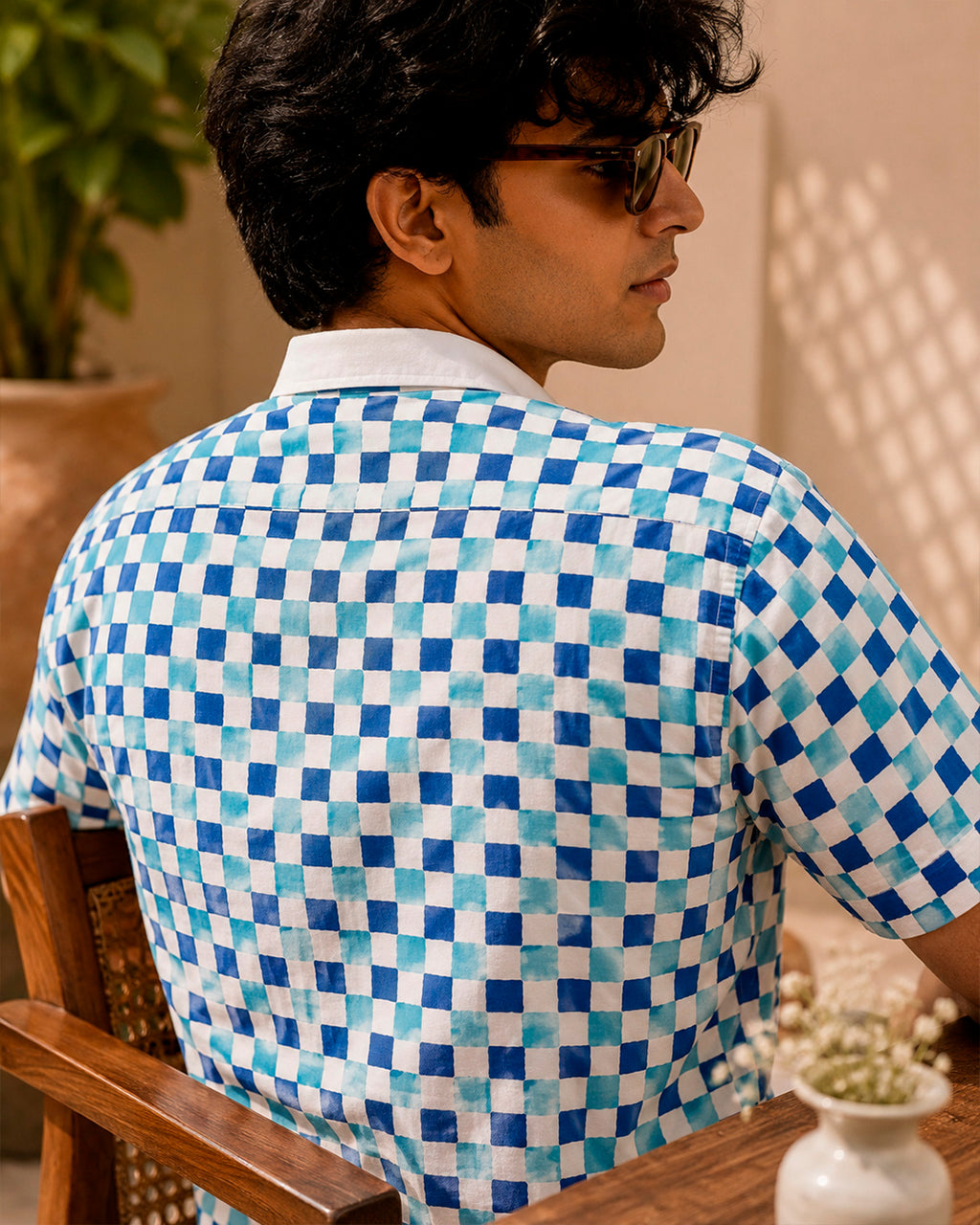 Blue Check Printed Chinese Cloud Embroidered Half Shirt