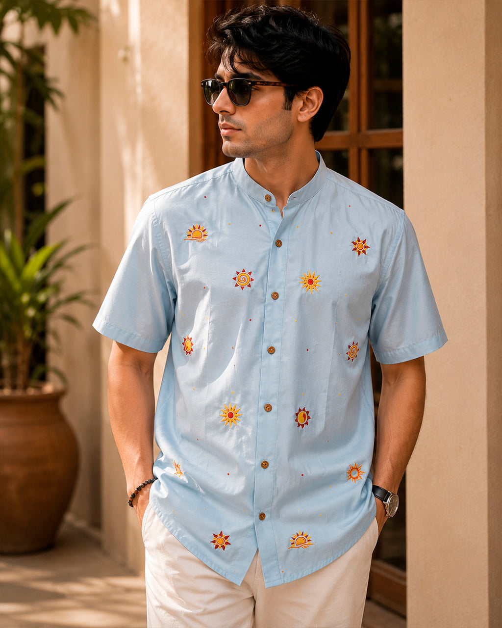 Sun Motif Embroidered Half Shirt
