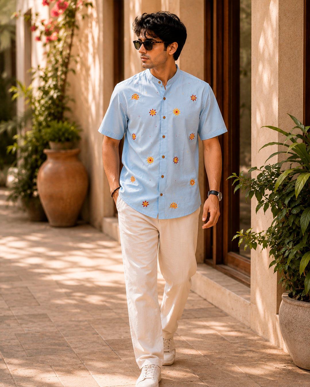 Sun Motif Embroidered Half Shirt