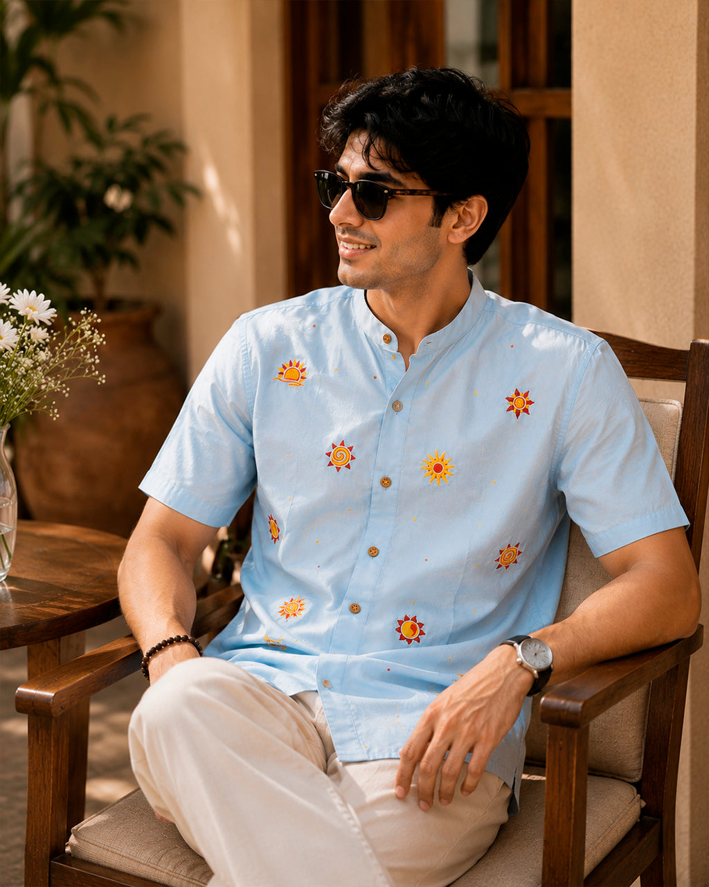 Sun Motif Embroidered Half Shirt