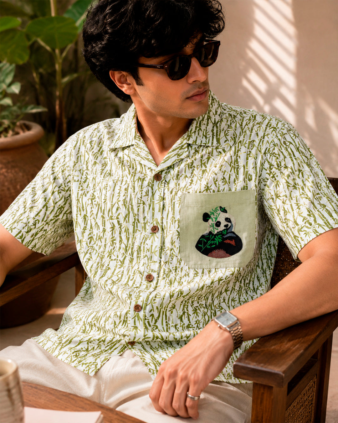 Bamboo Printed Panda Bear Embroidered Half Shirt