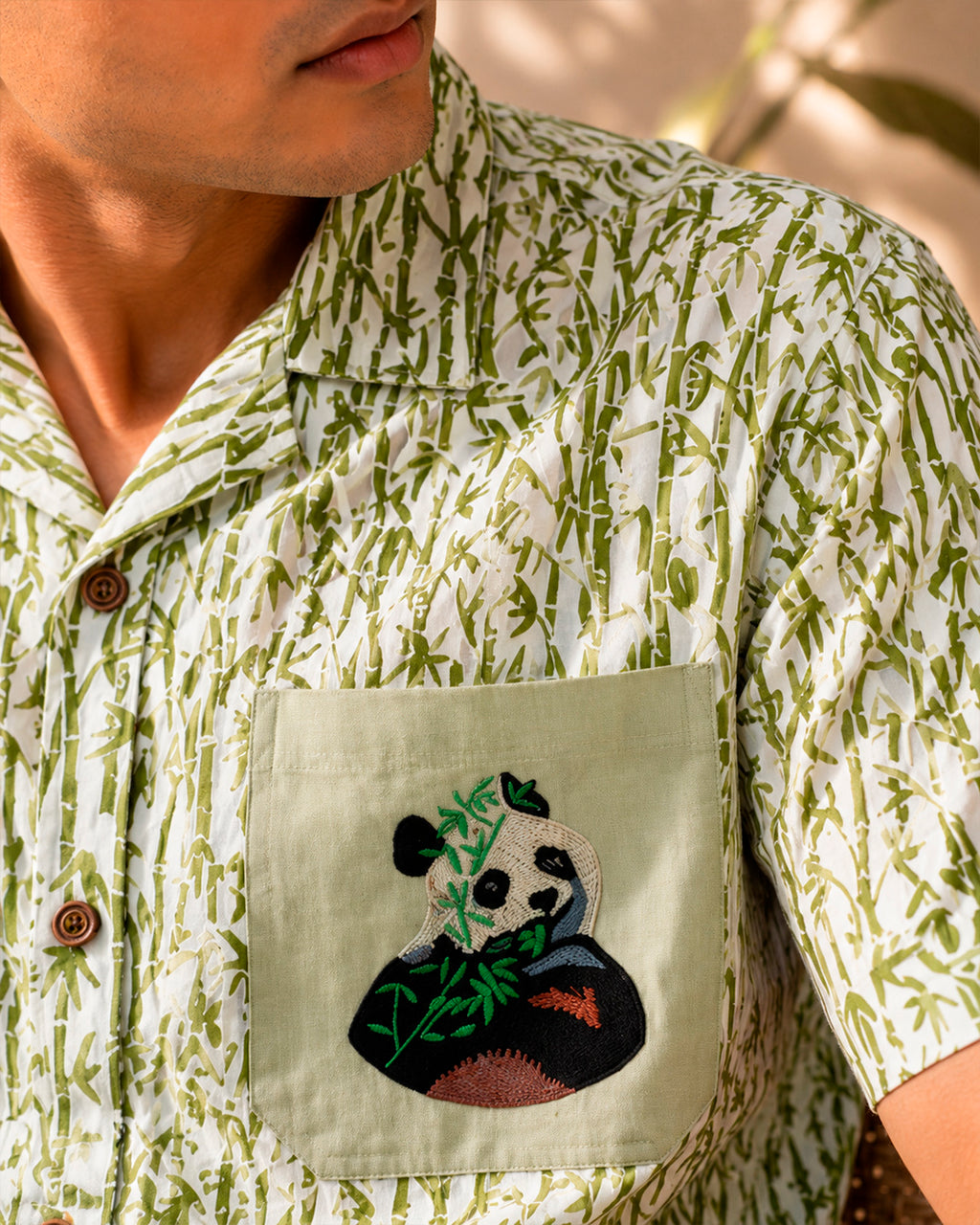 Bamboo Printed Panda Bear Embroidered Half Shirt