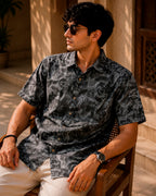 Grey Abstract Printed and Embroidered Half Shirt