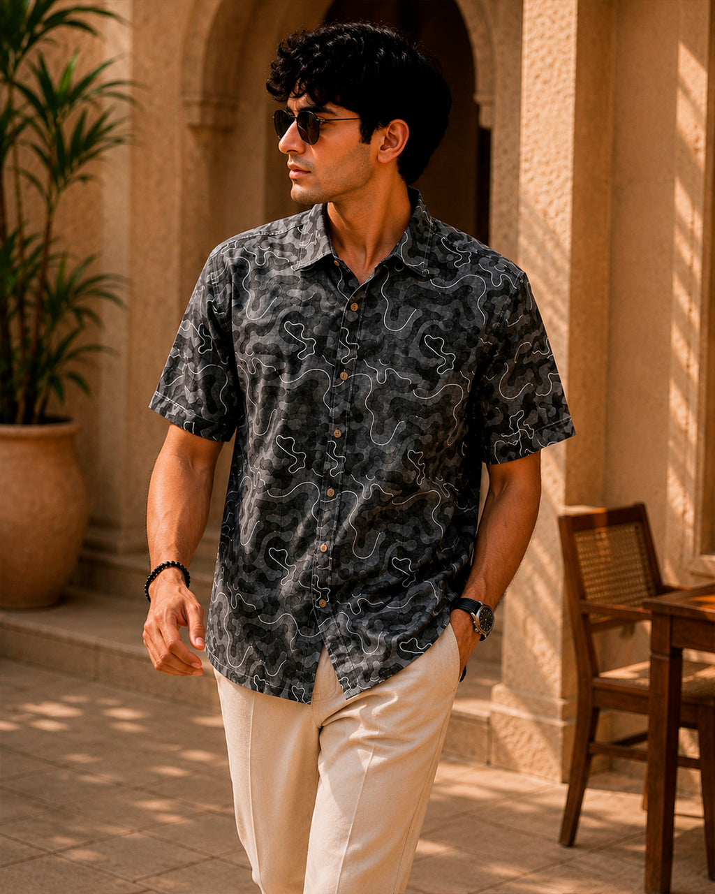 Grey Abstract Printed and Embroidered Half Shirt