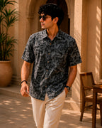 Grey Abstract Printed and Embroidered Half Shirt