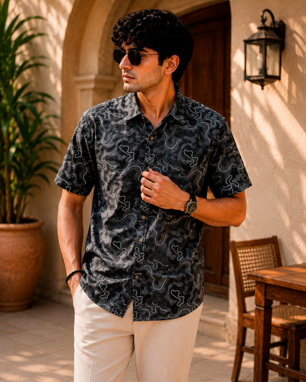 Grey Abstract Printed and Embroidered Half Shirt