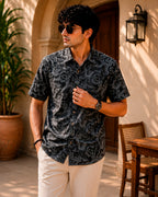 Grey Abstract Printed and Embroidered Half Shirt