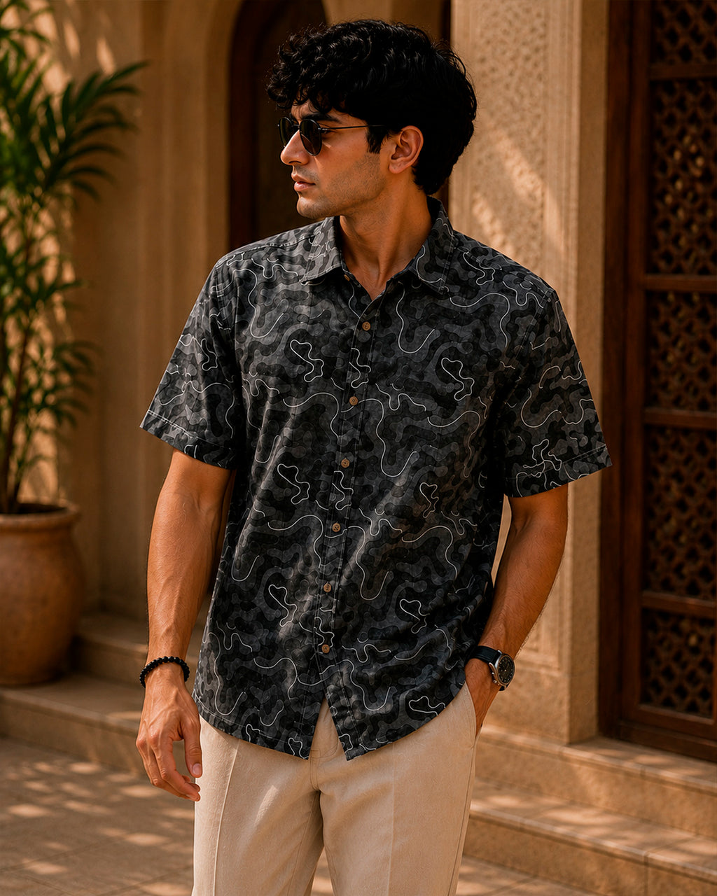 Grey Abstract Printed and Embroidered Half Shirt