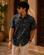Grey Abstract Printed and Embroidered Half Shirt
