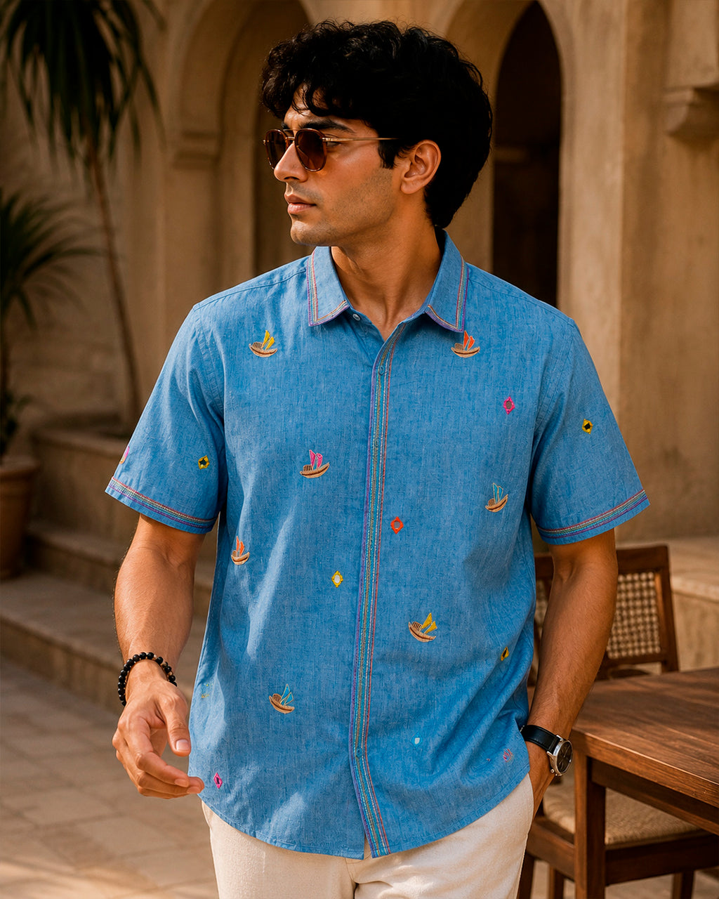Boat Embellished Embroidered Half Shirt