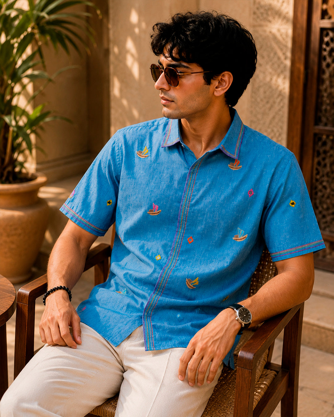 Boat Embellished Embroidered Half Shirt
