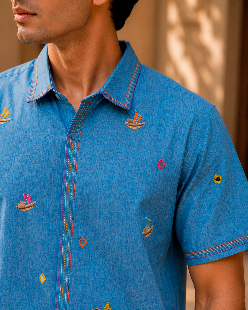 Boat Embellished Embroidered Half Shirt