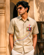 Beige Retro Television Embroidered Half Shirt