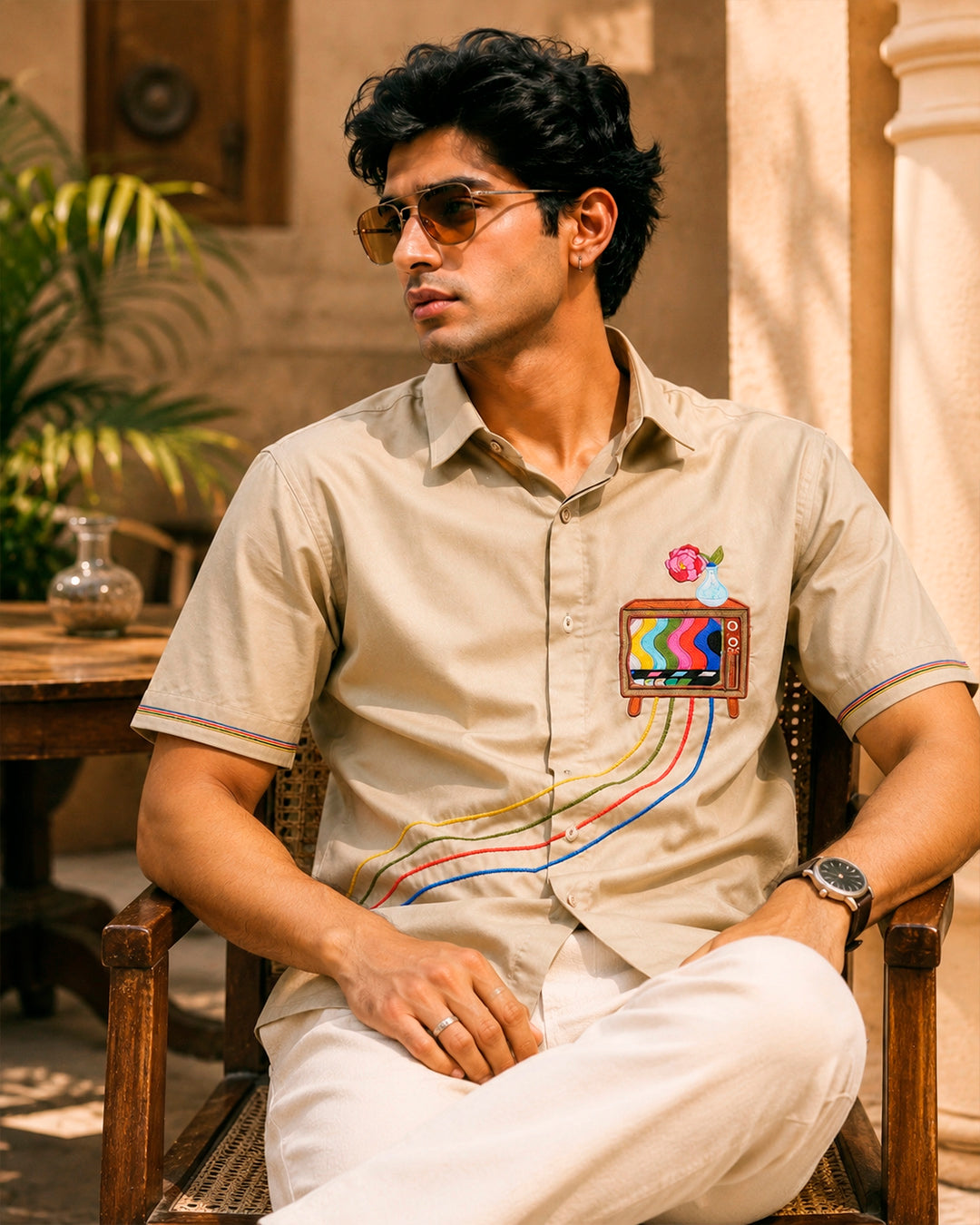 Beige Retro Television Embroidered Half Shirt