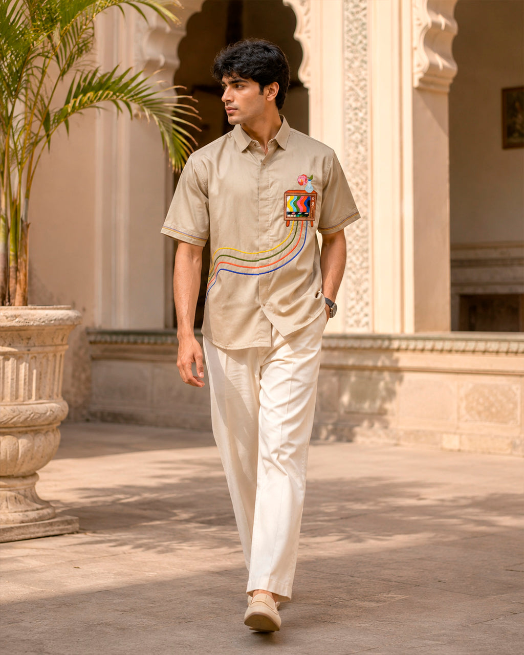 Beige Retro Television Embroidered Half Shirt