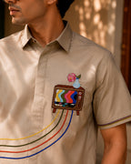 Beige Retro Television Embroidered Half Shirt