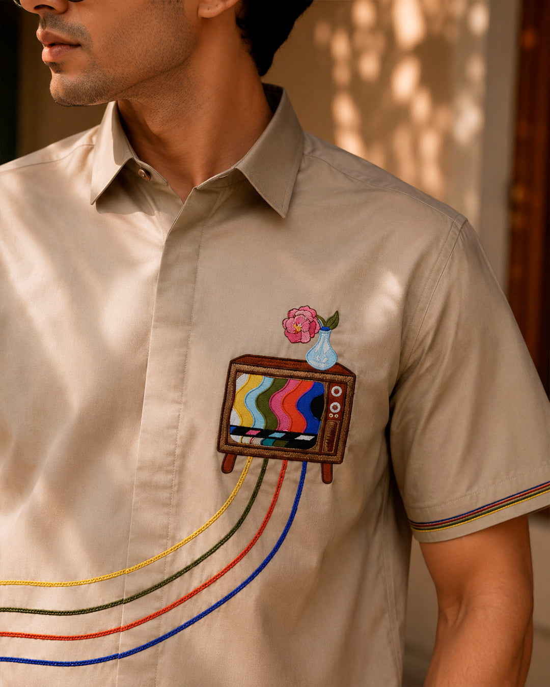 Beige Retro Television Embroidered Half Shirt