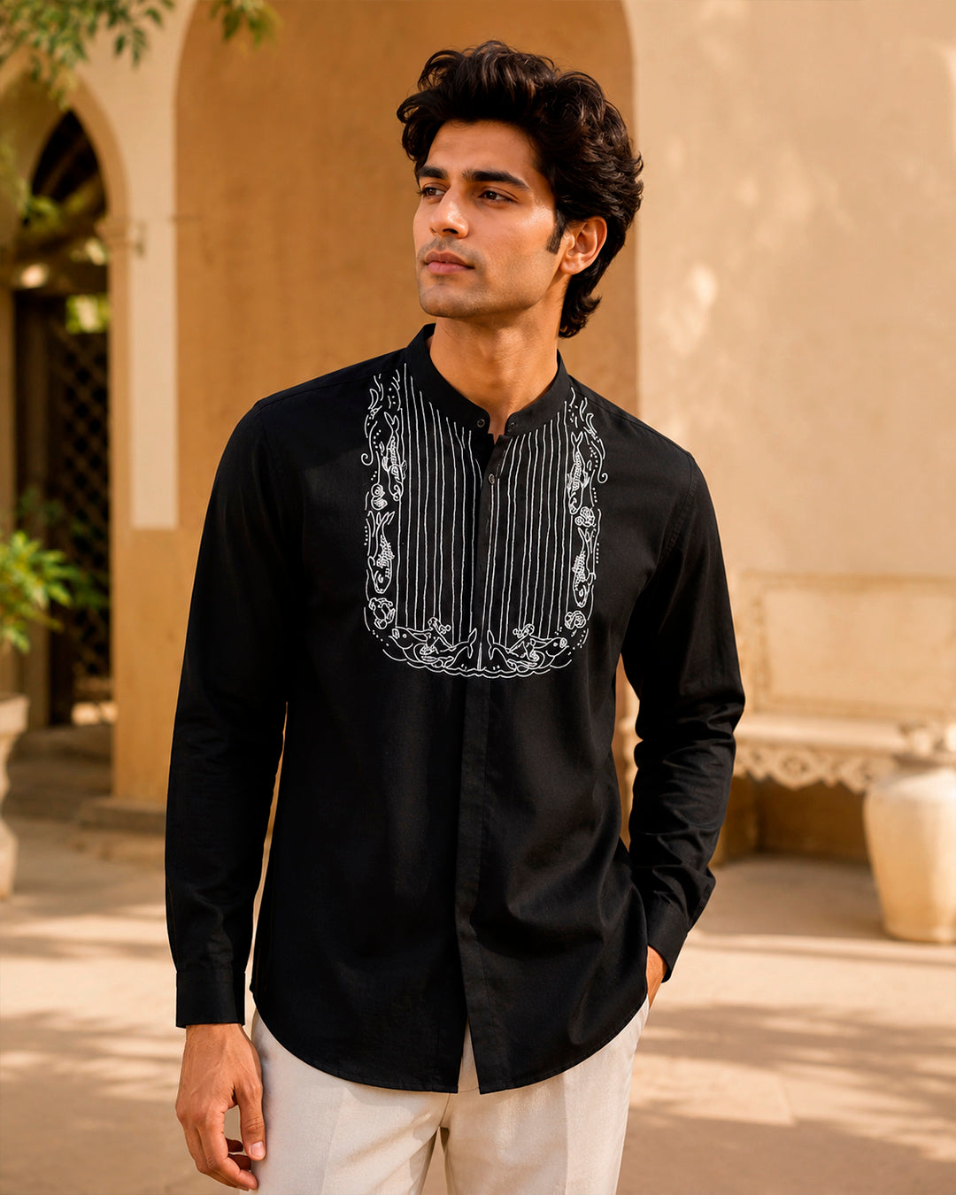 Black Fish Motif Embroidered Full Shirt