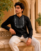 Black Fish Motif Embroidered Full Shirt