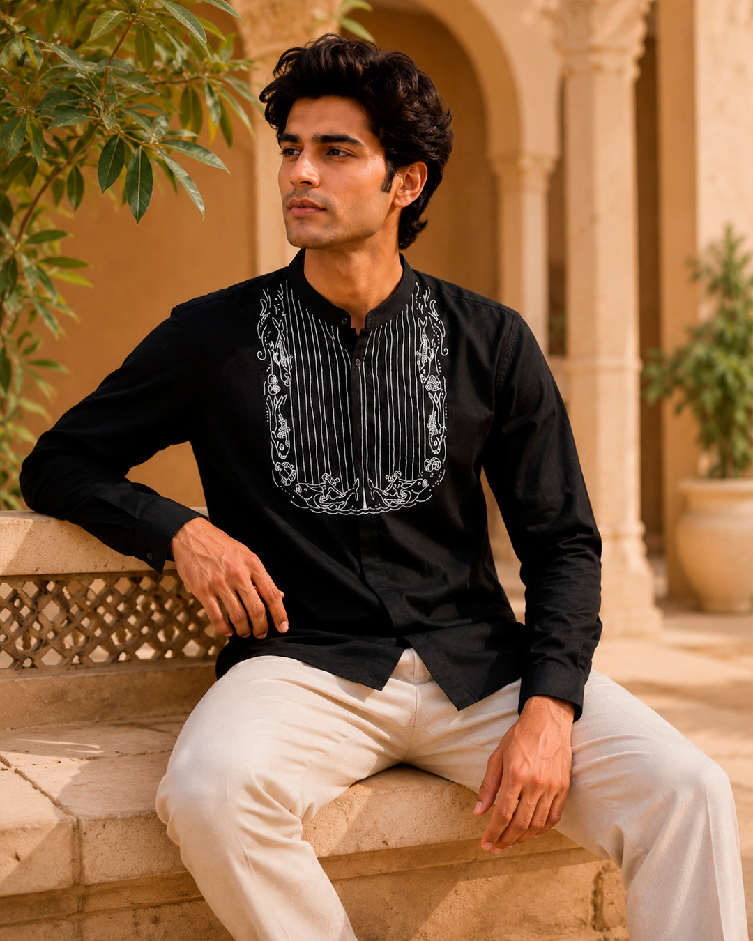 Black Fish Motif Embroidered Full Shirt