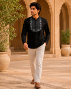 Black Fish Motif Embroidered Full Shirt