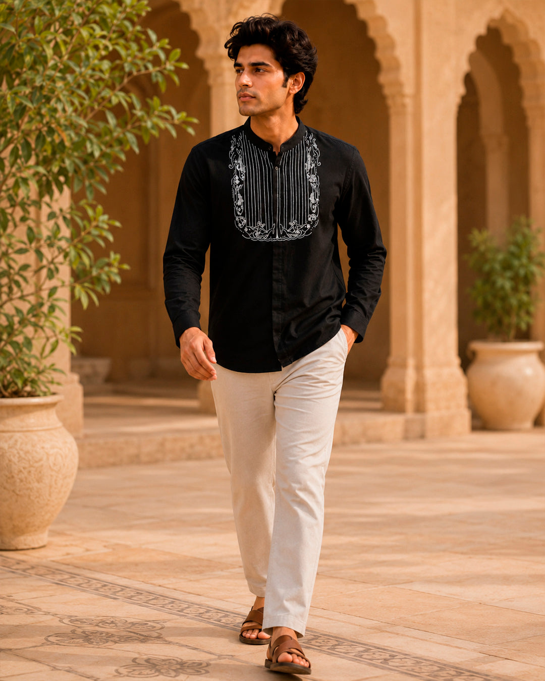 Black Fish Motif Embroidered Full Shirt
