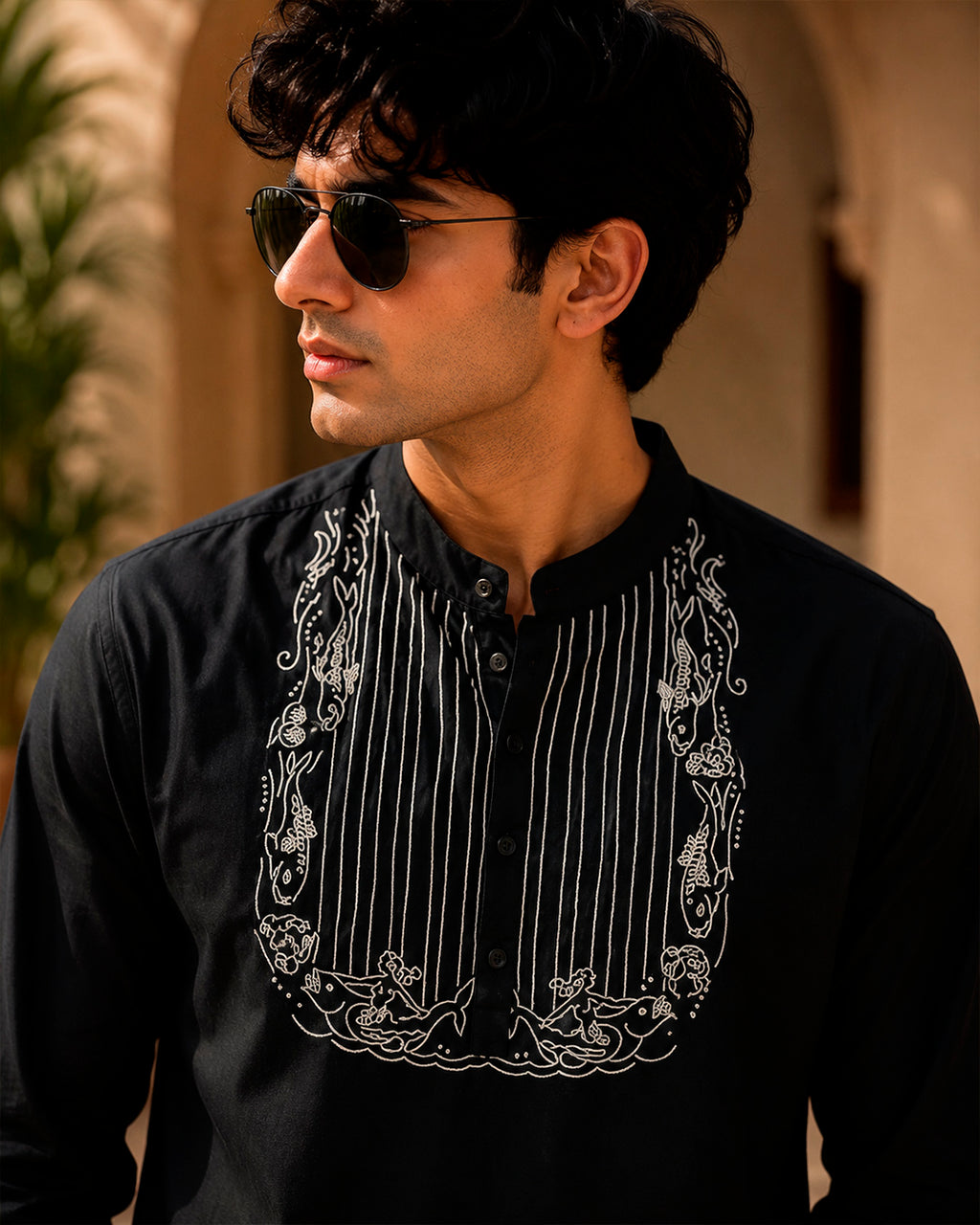 Black Fish Motif Embroidered Full Shirt