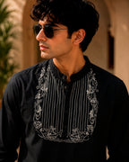 Black Fish Motif Embroidered Full Shirt