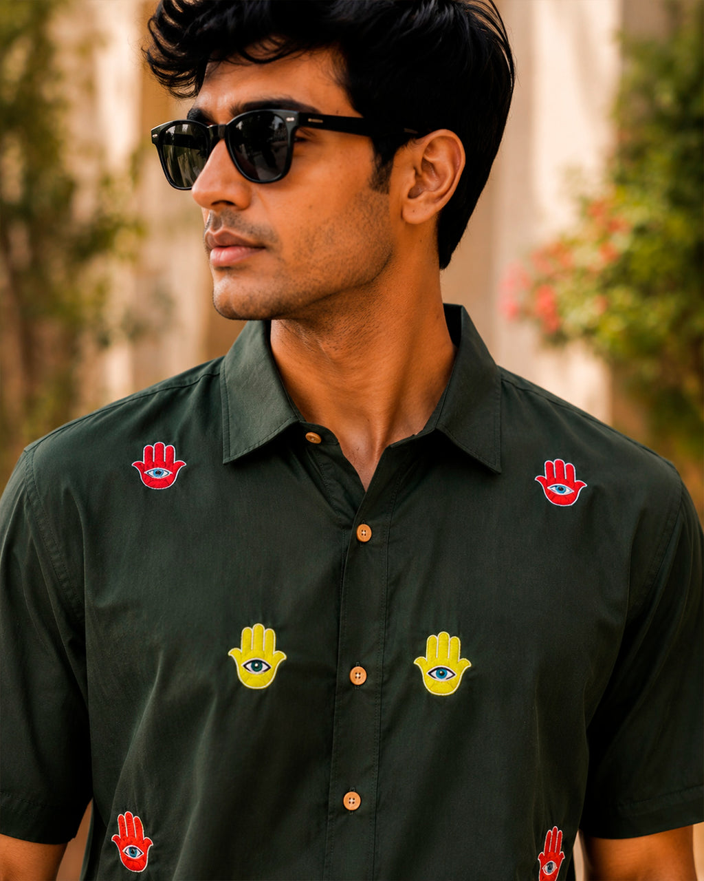 Green Hamsa Hand Embroidered Half Shirt