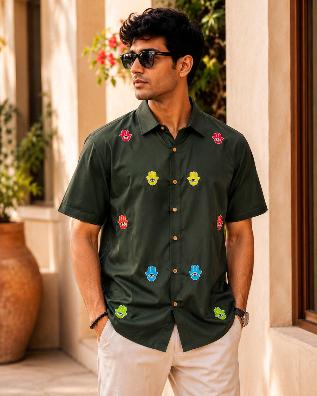 Green Hamsa Hand Embroidered Half Shirt