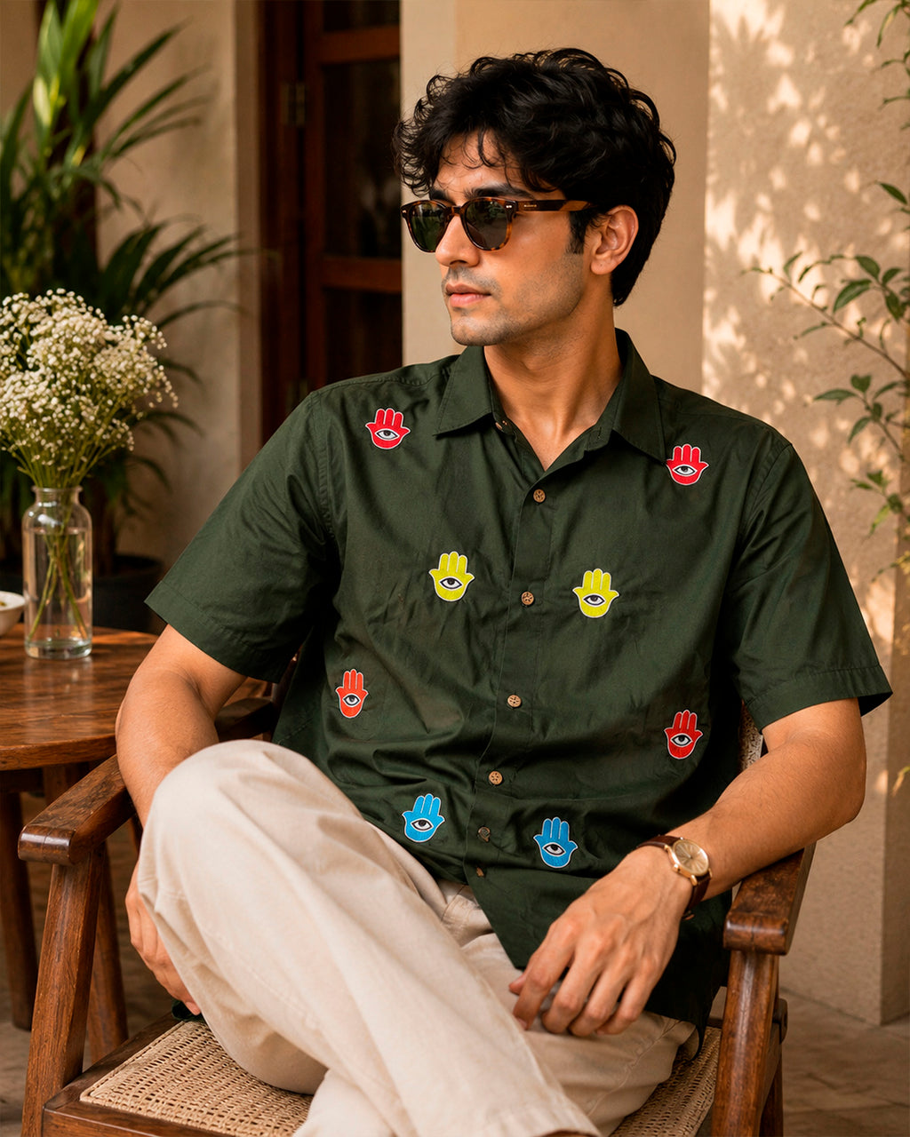 Green Hamsa Hand Embroidered Half Shirt