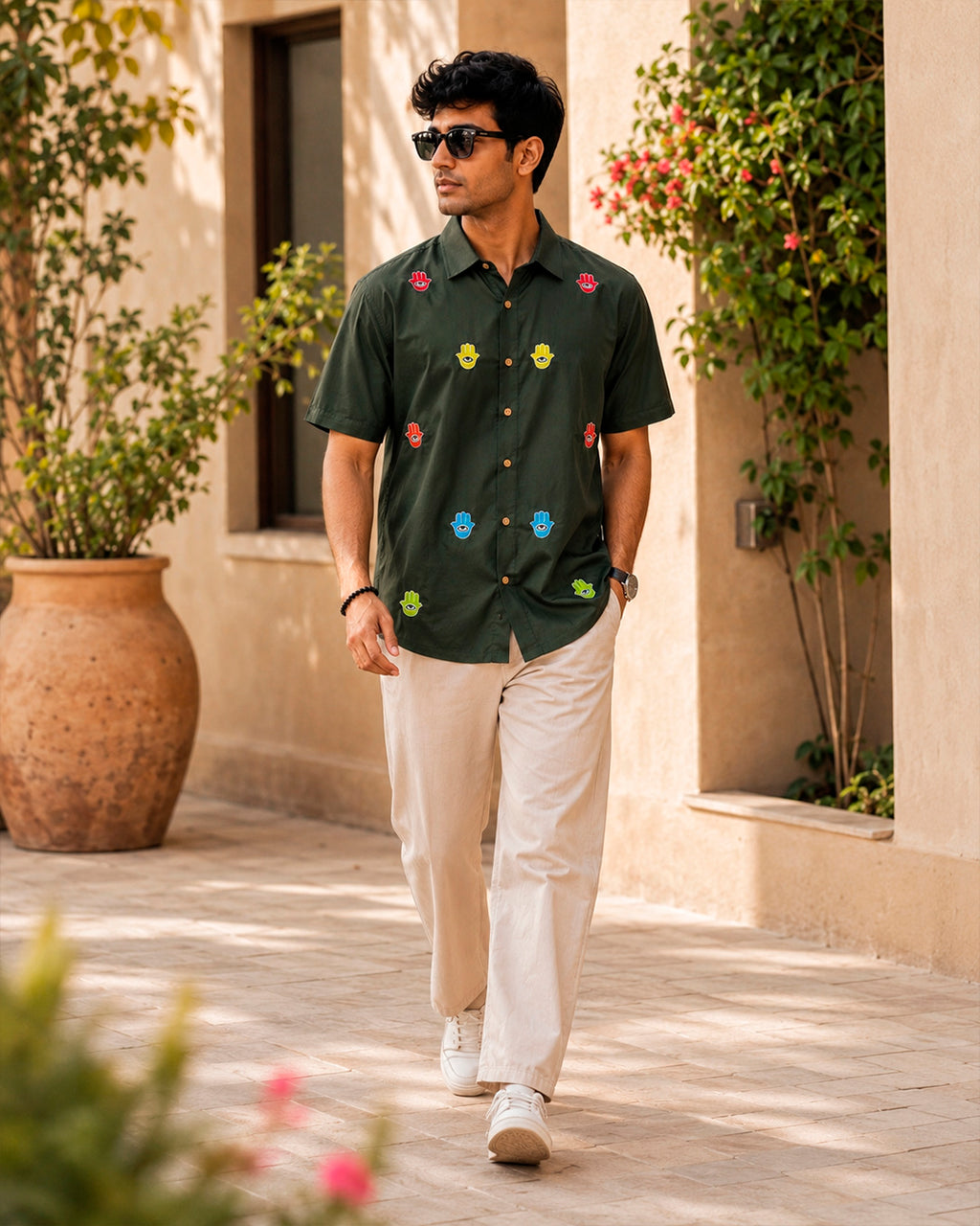 Green Hamsa Hand Embroidered Half Shirt