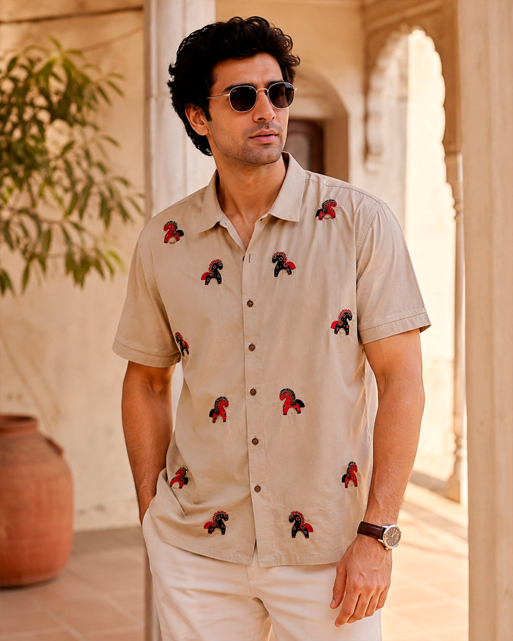 Beige Horse Embroidered Half Shirt