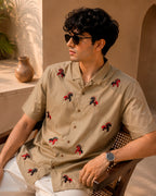 Beige Horse Embroidered Half Shirt