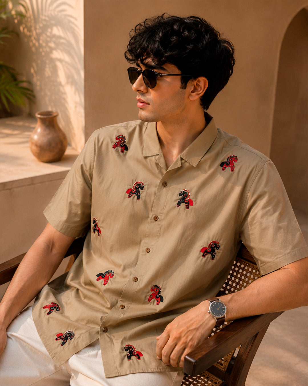 Beige Horse Embroidered Half Shirt
