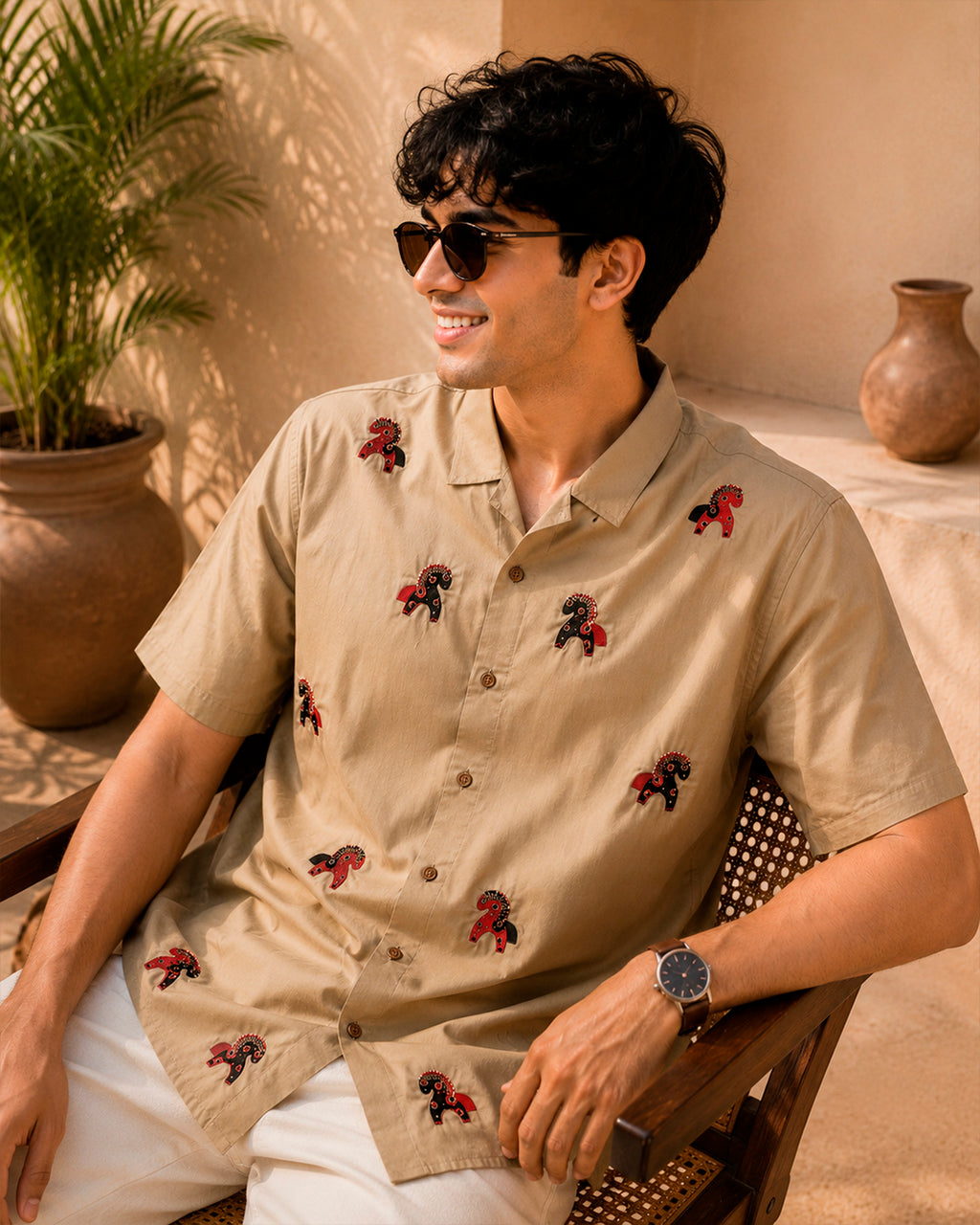 Beige Horse Embroidered Half Shirt