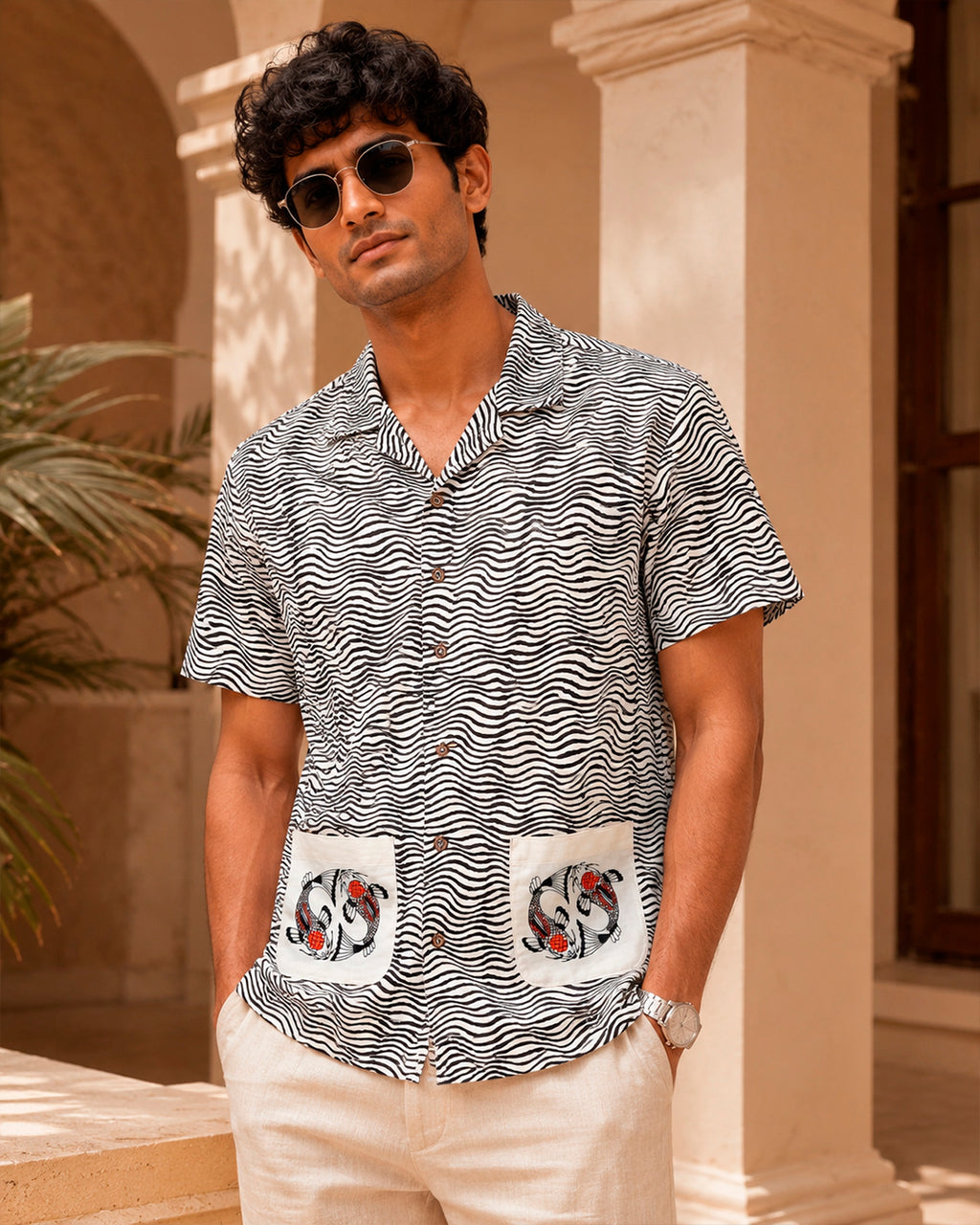 Black Koi Fish Embroidered Half Shirt with Pockets
