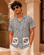 Black Koi Fish Embroidered Half Shirt with Pockets