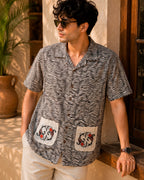 Black Koi Fish Embroidered Half Shirt with Pockets