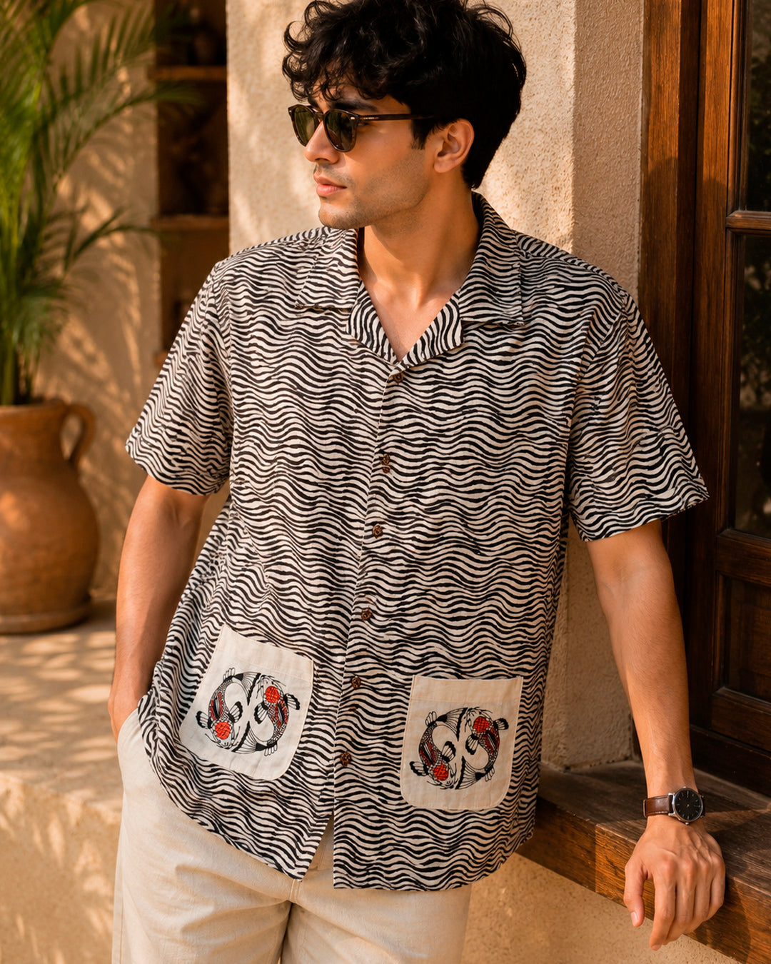 Black Koi Fish Embroidered Half Shirt with Pockets