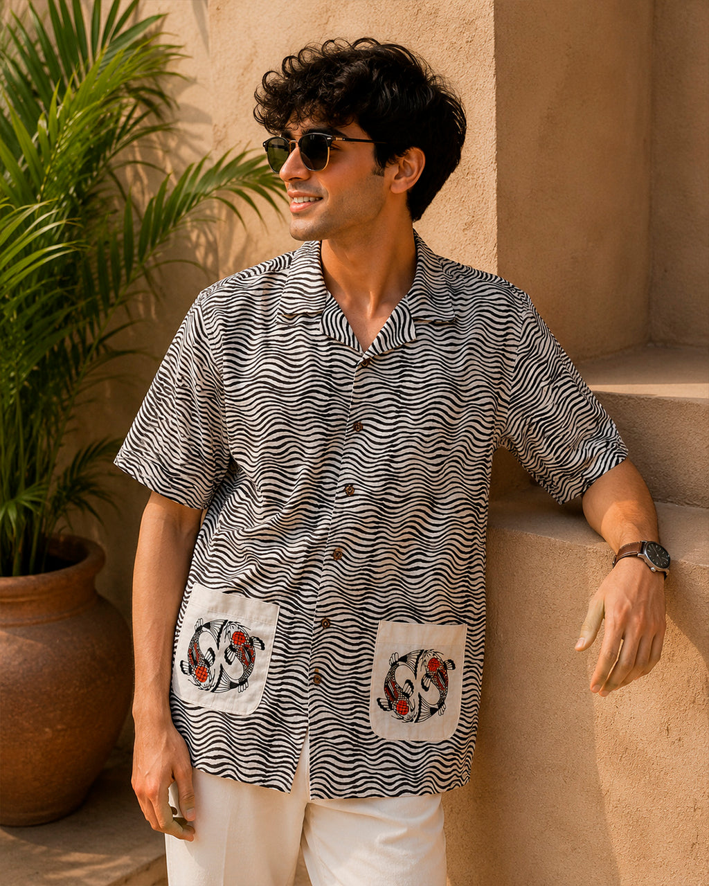 Black Koi Fish Embroidered Half Shirt with Pockets
