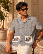 Black Koi Fish Embroidered Half Shirt with Pockets