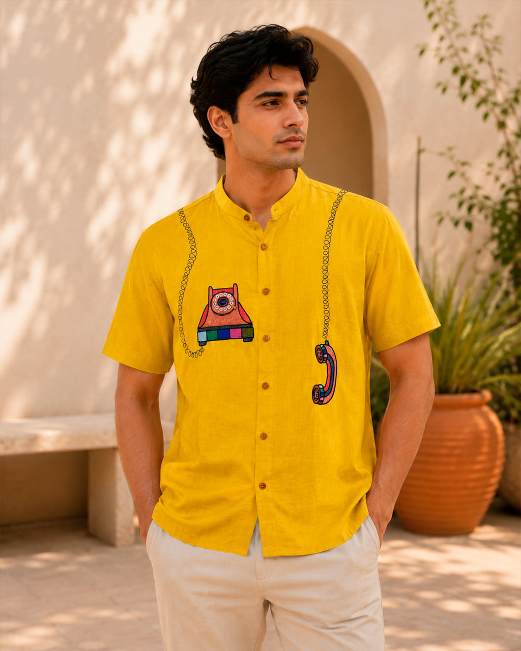 Retro Telephone Embroidered Half Shirt